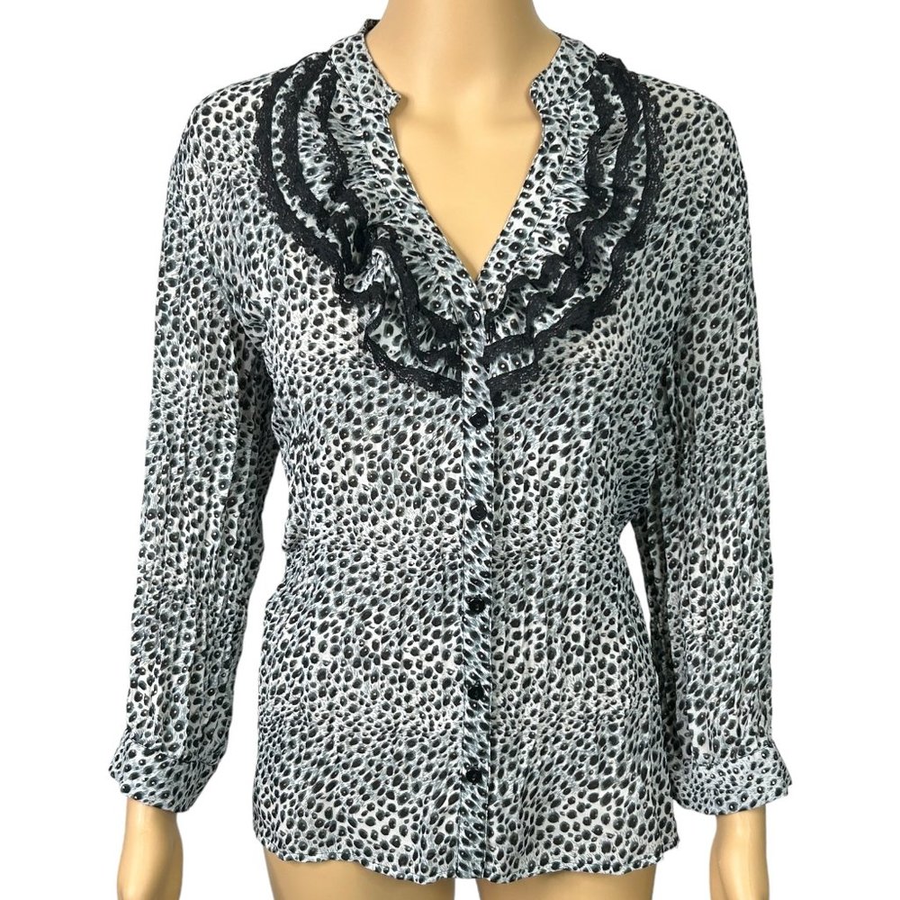 Nue Options Womens L Animal Print Ruffled Long Sleeve Sheer Button Blouse‎ Shirt